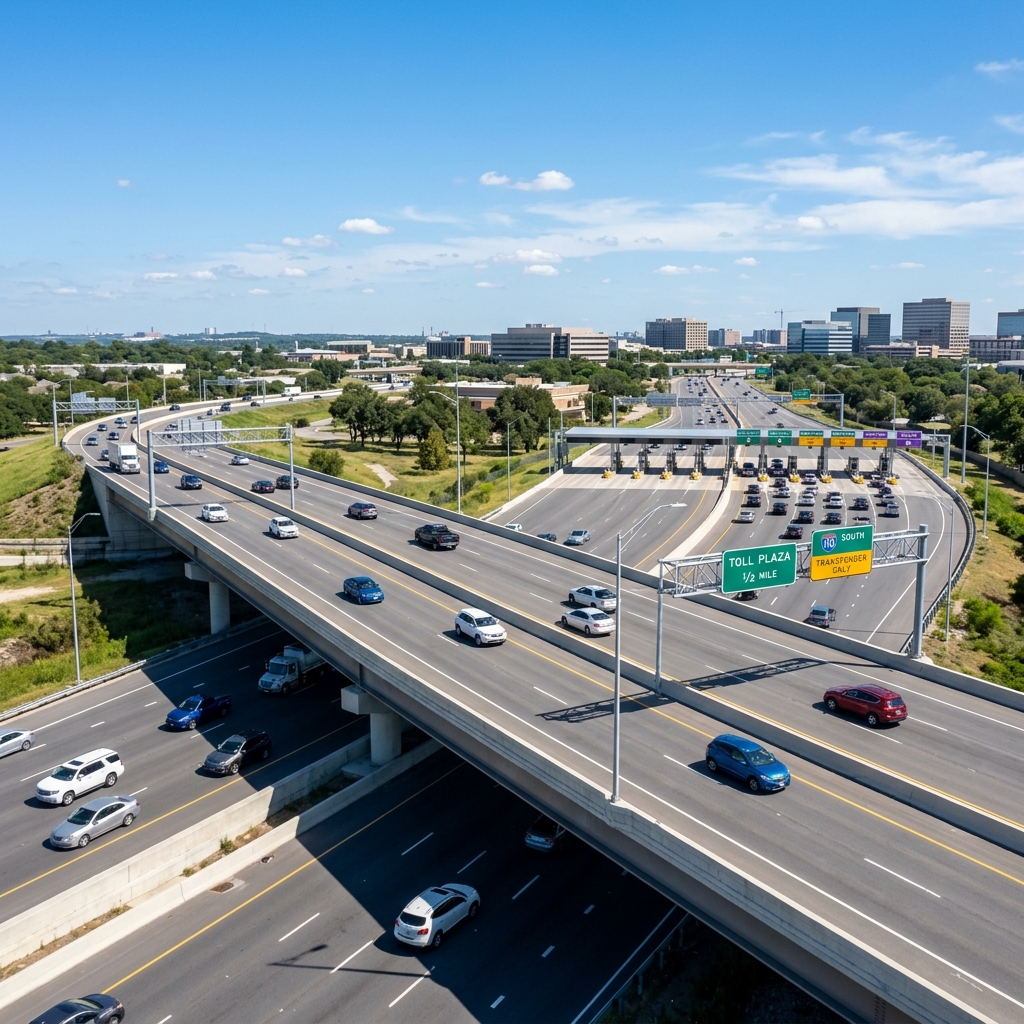 Ponte moderna com fluxo de veículos sob céu azul, representando a infraestrutura das concessionárias de rodovias.